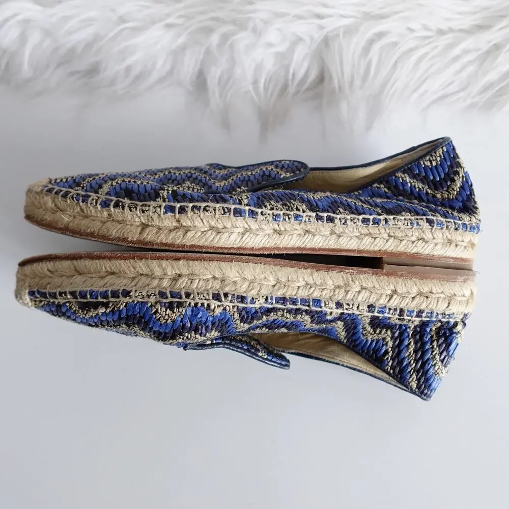 Sarah Flint Andrea Espadrille Loafers Flats Navy Raffia Linen Summer Vacation
